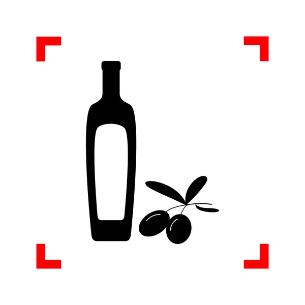 Schwarzer Olivenzweig mit Olivenölflaschenschild. schwarzes Symbol in fo — Stockvektor