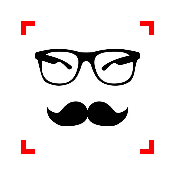 Moustache et lunettes signent. icône noire dans les coins de mise au point sur blanc — Image vectorielle