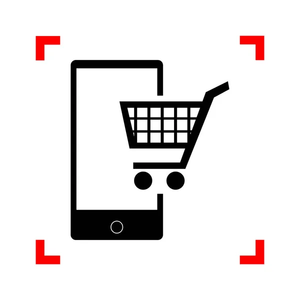 Shopping su smart phone segno. icona nera negli angoli di messa a fuoco su whi — Vettoriale Stock