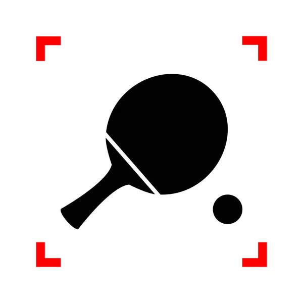 Ping pong paddle with ball. Black icon in focus corners on white — Stock Vector