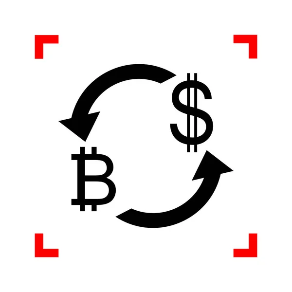 Знак обмена валюты. Биткойн и доллар США. Черная икона на фото — стоковый вектор