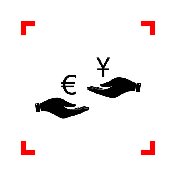 Cambio de moneda de mano en mano. Euro y Yuan. Icono negro i — Vector de stock