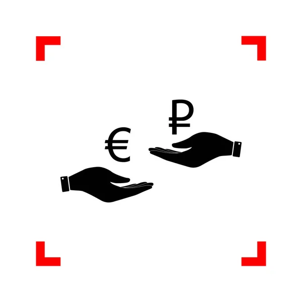 Currency exchange from hand to hand. Euro and Rouble. Black icon — Stock Vector