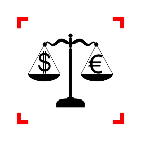 Rättvisa skalor med valuta exchange tecken. Svart ikon i fokus — Stock vektor