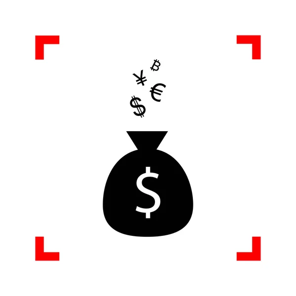 Tanda tas uang dengan simbol mata uang. Ikon hitam di pojok fokus - Stok Vektor