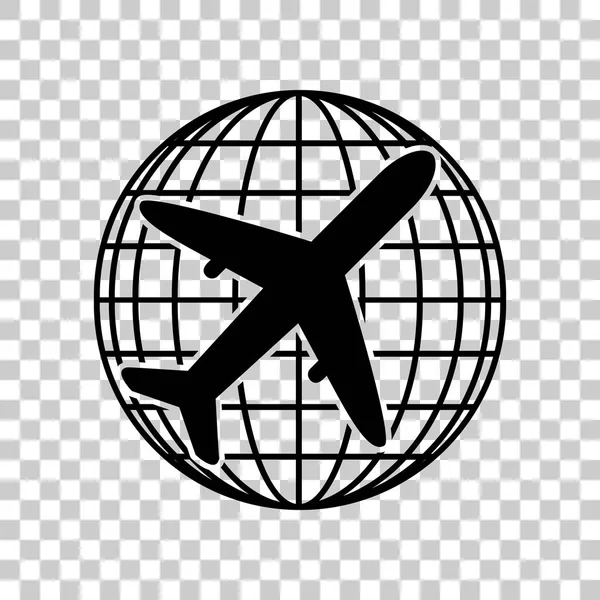 Globus und Flugzeug Reiseschild. schwarzes Symbol auf transparentem Hintergrund — Stockvektor