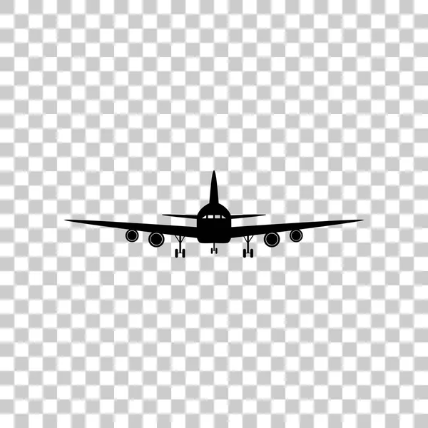 飞行的飞机标志。前视图。在透明背景上的黑色图标 — 图库矢量图片
