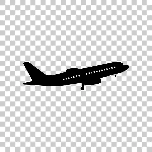 飞行的飞机标志。侧面图。在透明背景上的黑色图标 — 图库矢量图片