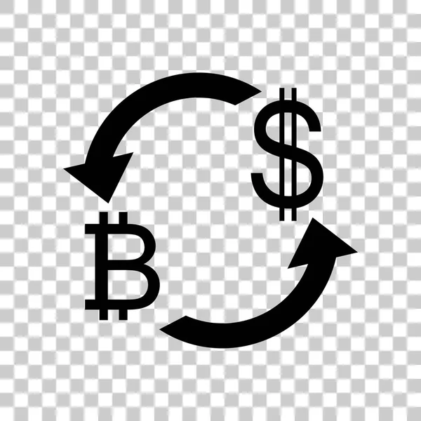 Signo de cambio de divisas. Bitcoin y dólar estadounidense. Icono negro en tra — Vector de stock