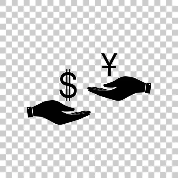 Currency exchange from hand to hand. Dollar and Yuan. Black icon — Stock Vector