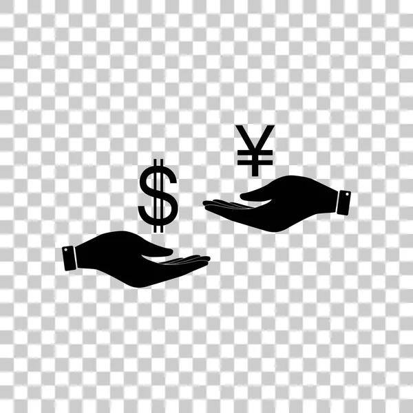 Currency exchange from hand to hand. Dollar and Yen. Black icon — Stock Vector