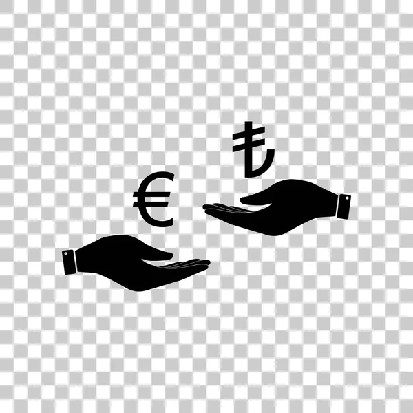 Currency exchange from hand to hand. Euro and Lira. Black icon o — Stock Vector