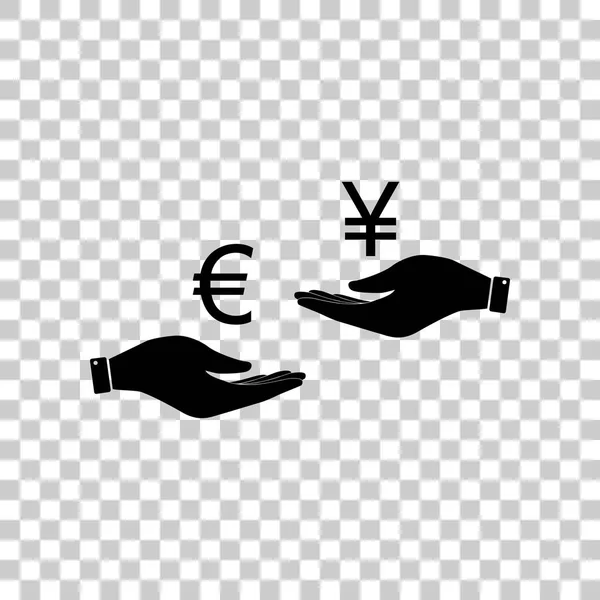 Currency exchange from hand to hand. Euro and Yen. Black icon on — Stock Vector