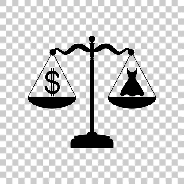 Robe et symbole dollar sur les échelles. Icône noire sur bac transparent — Image vectorielle