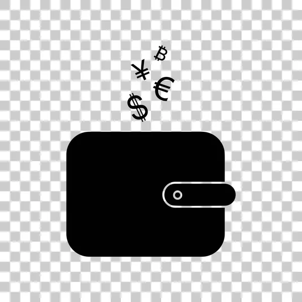 Peněženku cedulka s symboly měny. Černá ikona na transparentní bac — Stockový vektor