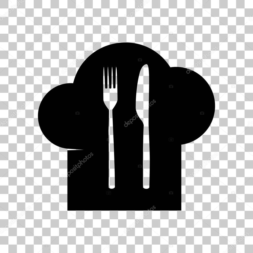 Chef hat and spoon, fork, knife sign. Black icon on transparent