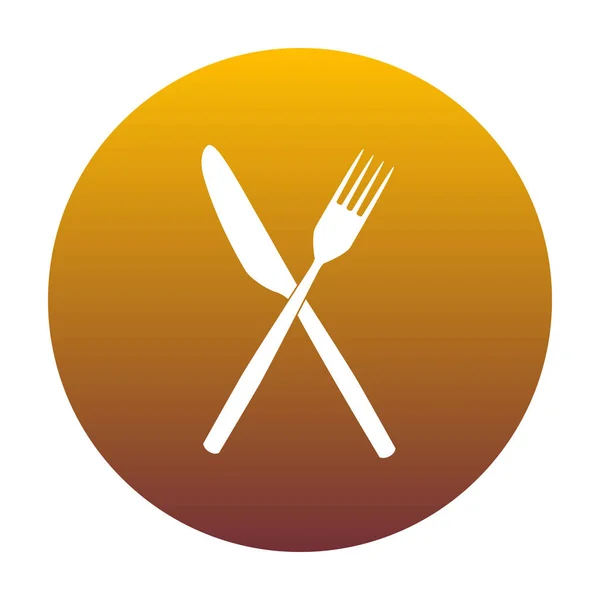 Vidlička a nůž podepsat. Bílá ikona v kruhu s golden přechod — Stockový vektor