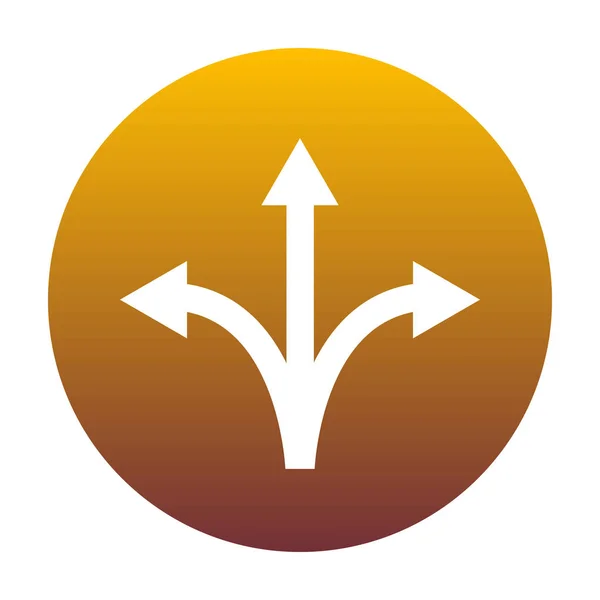 Tre-vägs riktning pilen tecken. Vit ikon i cirkel med gyllene — Stock vektor