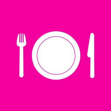 Çatal, plaka ve bıçak. Pembe arka plan beyaz simgesini.