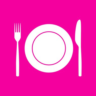 Çatal, teyp ve bıçak oturum açın. Pembe arka plan beyaz simgesini.