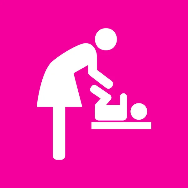 Symbol for women and baby, baby changing. White icon at magenta background. — Stock Vector