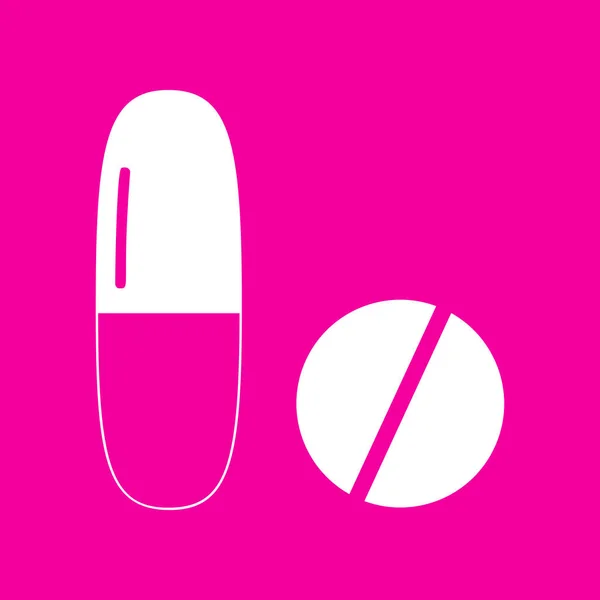 Medische pillen ondertekenen. Wit pictogram bij magenta achtergrond. — Stockvector