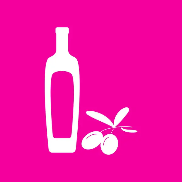 Schwarzer Olivenzweig mit Olivenölflaschenschild. weißes Symbol auf magenta Hintergrund. — Stockvektor