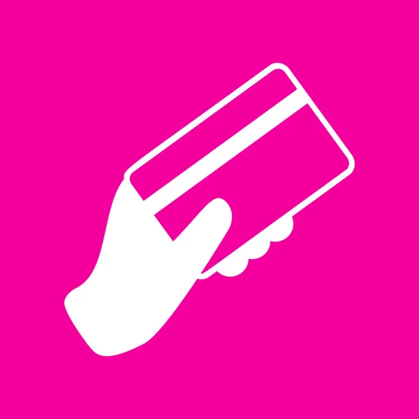 Hand hält eine Kreditkarte. weißes Symbol auf magenta Hintergrund. — Stockvektor