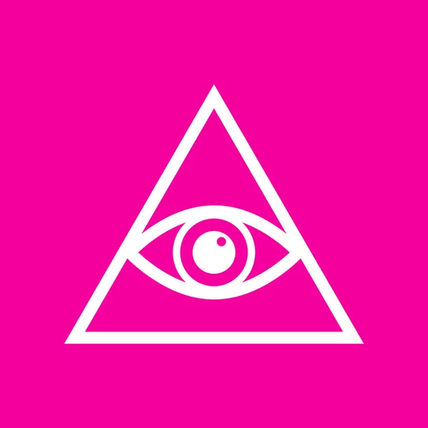 All seeing eye pyramid symbol. Freemason and spiritual. White icon at magenta background. — Stock Vector