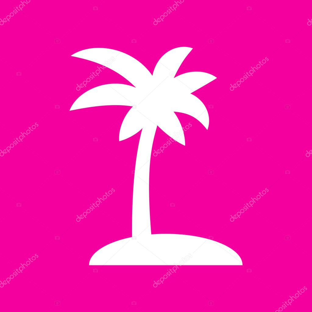 Coconut palm tree sign. White icon at magenta background.