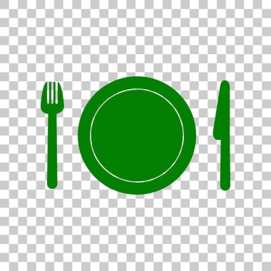 Çatal, plaka ve bıçak. Saydam arka plan üzerinde koyu yeşil simge.