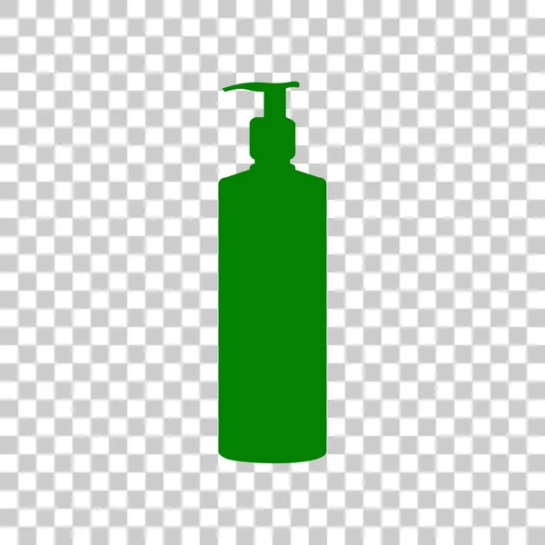 젤, 거품 또는 액체 비누입니다. 디스펜서 펌프 플라스틱 병 실루엣입니다. 투명 한 바탕에 진한 녹색 아이콘. — 스톡 벡터