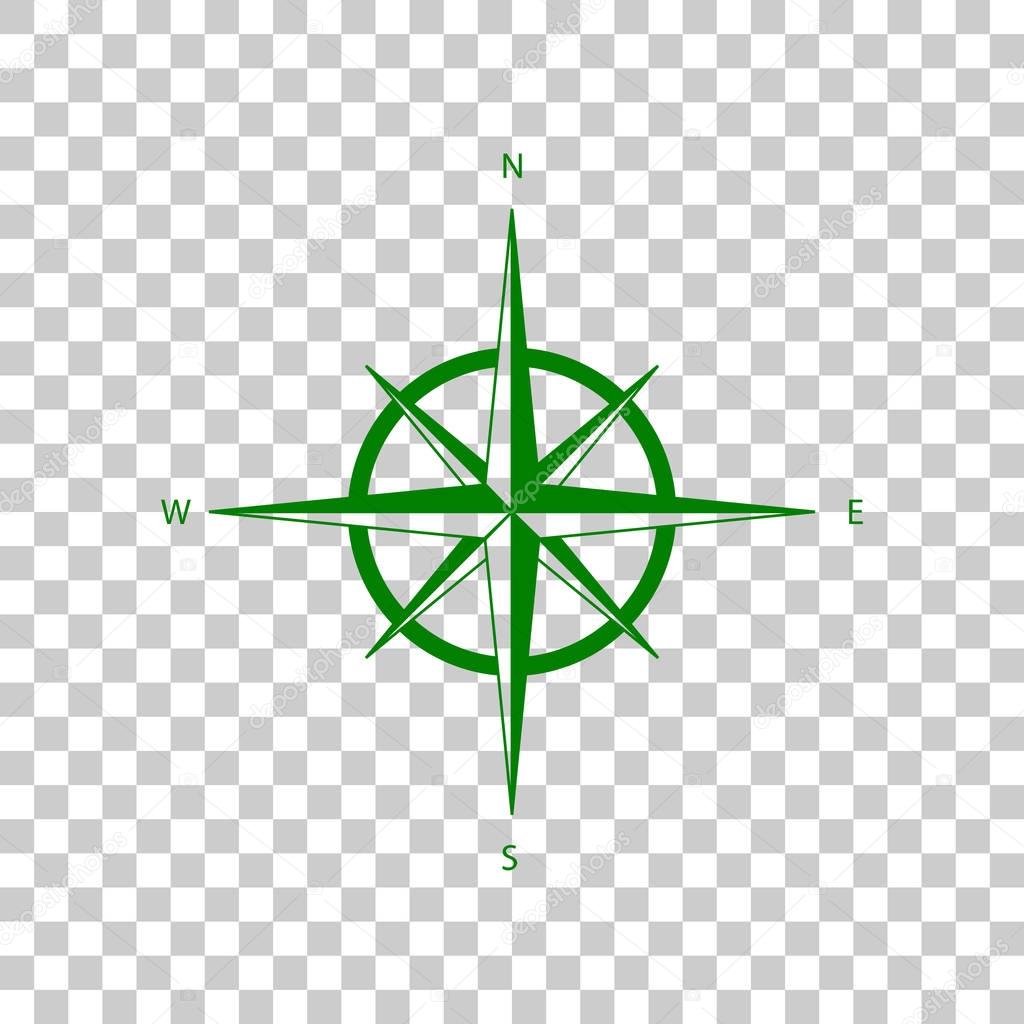 Wind rose sign. Dark green icon on transparent background.