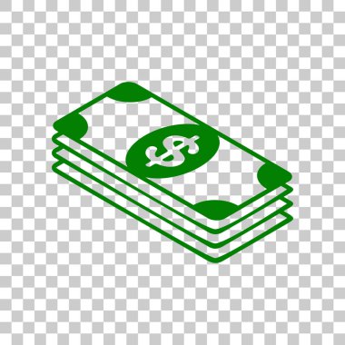 Banknot dolar işareti. Saydam arka plan üzerinde koyu yeşil simge.
