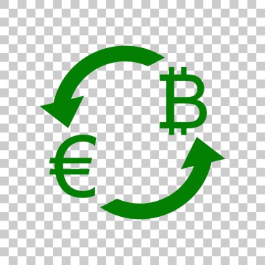 Döviz Alım Satım işareti. Euro ve Bitkoin. Saydam arka plan üzerinde koyu yeşil simge.