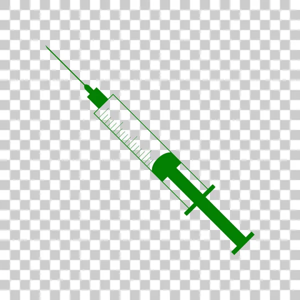 Injekční stříkačka znamení ilustrace. Tmavě zelená ikona na průhledném pozadí. — Stockový vektor