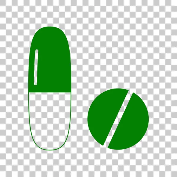 Pílulas Médicas sinal. Ícone verde escuro no fundo transparente . — Vetor de Stock