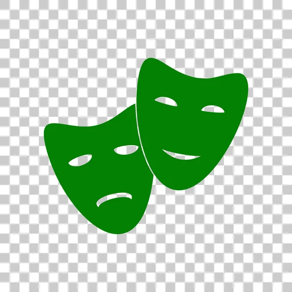 剧院图标与快乐和悲伤的面具。在透明背景上的暗绿色图标. — 图库矢量图片