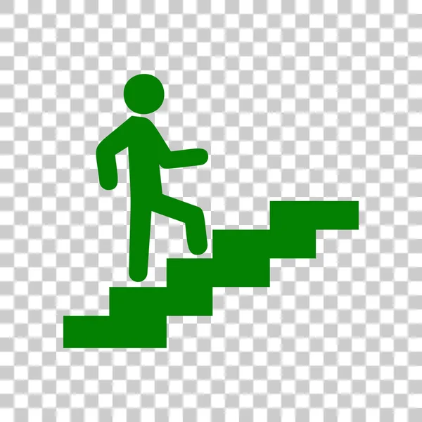 Człowiek na schodach, idąc w górę. Ciemno zielona ikona na przezroczystym tle. — Wektor stockowy