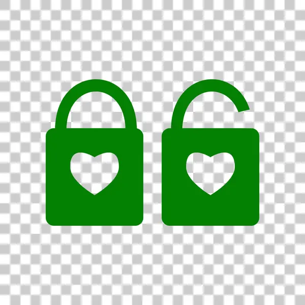 Signo de bloqueo con forma de corazón. Una silueta simple de la cerradura. Forma de corazón. Icono verde oscuro sobre fondo transparente . — Archivo Imágenes Vectoriales