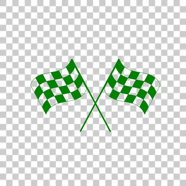 Скрещенные клетчатые флаги логотип размахивает на ветру концептуальной автоспорта. Темно-зеленый значок на прозрачном фоне . — стоковый вектор