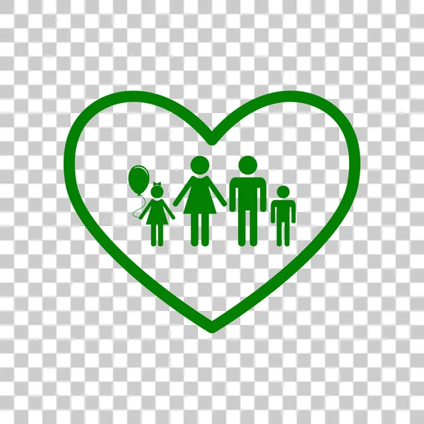 Family sign illustration in heart shape. Dark green icon on transparent background. — Stock Vector