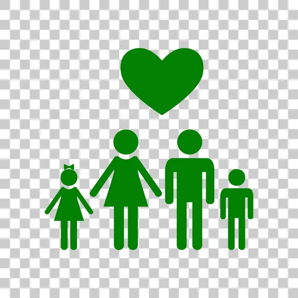 Symbole de famille avec cœur. Mari et femme sont gardés les mains des enfants. L'amour. Icône vert foncé sur fond transparent . — Image vectorielle