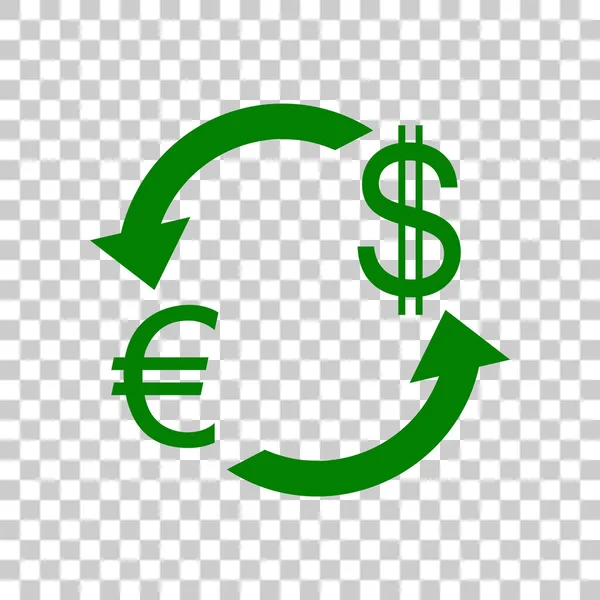 Valutaváltó jele. Euró és dollár. Sötét zöld ikon-ra átlátszó háttér. — Stock Vector