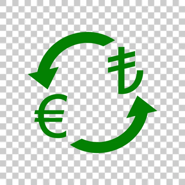 Valutaváltó jele. Euro és Törökország líra. Sötét zöld ikon-ra átlátszó háttér. — Stock Vector