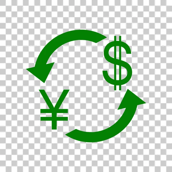 货币汇率的标志。日本日元和美国美元。在透明背景上的暗绿色图标. — 图库矢量图片