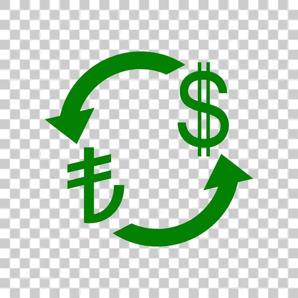 Signo de cambio de divisas. Turquía Lira y Dólar estadounidense. Icono verde oscuro sobre fondo transparente . — Archivo Imágenes Vectoriales
