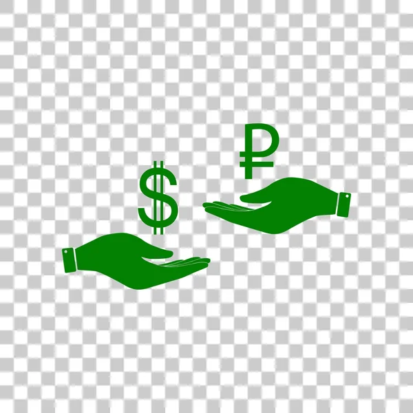 Směnárna z ruky do ruky. Dolaru a Rubl. Tmavě zelená ikona na průhledném pozadí. — Stockový vektor