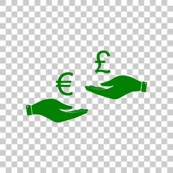 Currency exchange from hand to hand. Euro and Puond. Dark green icon on transparent background. — Stock Vector
