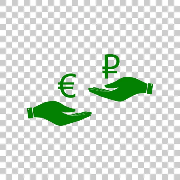 Currency exchange from hand to hand. Euro and Rouble. Dark green icon on transparent background. — Stock Vector